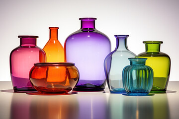 A vivid collection of glass vases in an array of colors and shapes on a reflective surface with a soft background. - obrazy, fototapety, plakaty