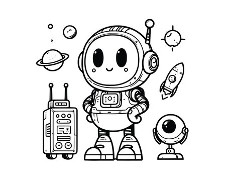 Cute Cartoon Character of robot for coloring book without color, outline line art.  Printable Design. isolated white background