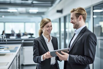 Naklejka na ściany i meble Two business woman and man worker smiling and holding a tablet at corporate office meeting, analyzing work performance. generative AI