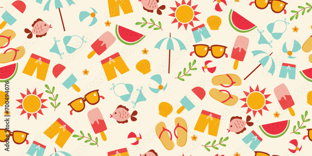 Poster Attributes of summer and beach holiday. Vector pattern of beach accessories. Seamless stylish pattern on a summer theme. White background.