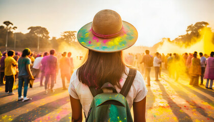 Woman traveler with backpack holding hat enjoying the colorful Holi festival in India