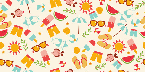 Attributes of summer and beach holiday. Vector pattern of beach accessories. Seamless stylish pattern on a summer theme. White background.