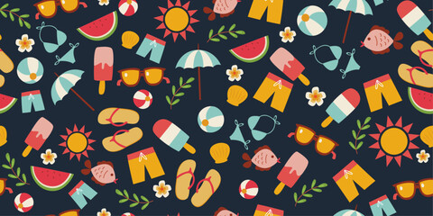 Attributes of summer and beach holiday. Vector pattern of beach accessories. Seamless stylish pattern on a summer theme. - obrazy, fototapety, plakaty
