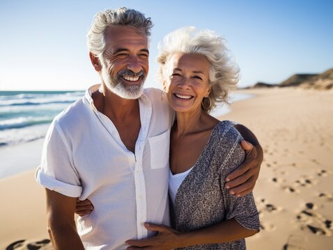 happy seniors couple in beach senior man and woman old retired couple relaxing by the sea on sunny day.