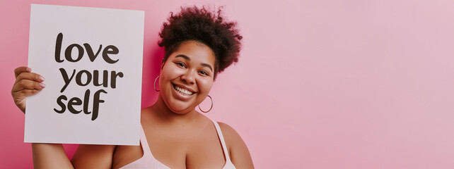 pretty plump girl smiles with a poster that says "love your self". isolated on pastel pink background.  body positive concept
