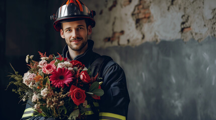 handsome fireman with flower bouquet. greeting card