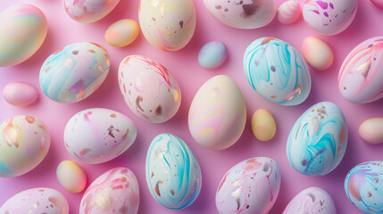 Minimal surrealism top view pattern with easter eggs in pastel holographic colors with gradient - obrazy, fototapety, plakaty