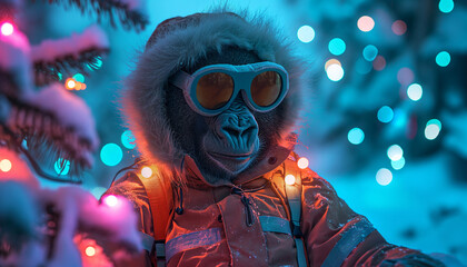 Stylish Gorilla Wearing Sunglasses Amidst Snowflakes and Holiday Lights