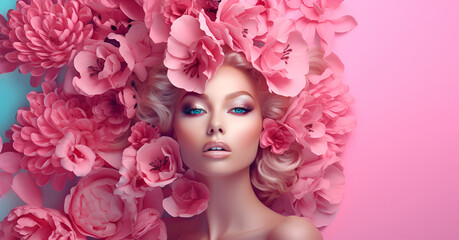 Beauty Art girl blonde with pink flowers in her hair and professional makeup, on a studio blue background with copy space. The concept of naturalness of cosmetic products and cosmetology.