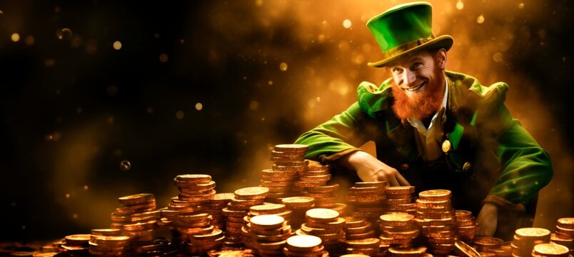 St. Patricks day leprachaun character with gold coins . . horizontal banner card or wallpaper, copy space for text