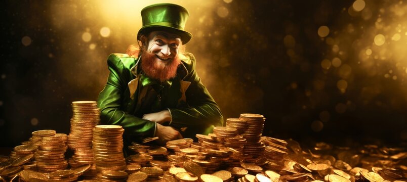 St. Patricks day leprachaun character with gold coins . . horizontal banner card or wallpaper, copy space for text