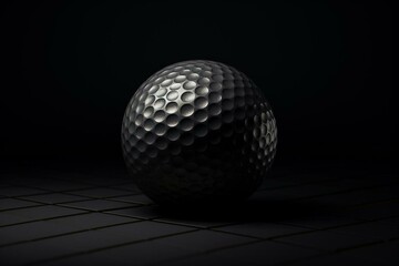 3D black golf ball on black background for use as a backdrop. Generative AI