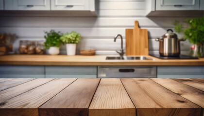 Wooden table placed on a blurred kitchen counter background. An empty wooden table against a blurred kitchen background for showcasing or assembling your products