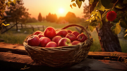 Red Apples In Basket On Aged Table At Sunset