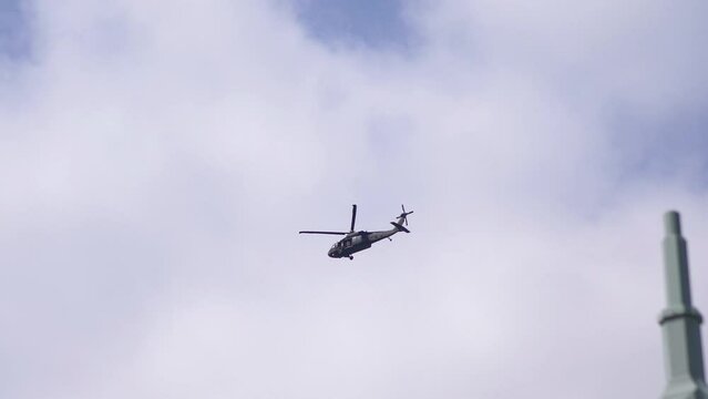 Helicopter flight on the sky in 4k slow motion 60fps