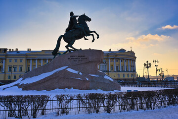 Bronze Horseman statue in Saint Petersburg city on a winter evening