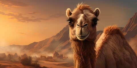 Portrait of camel in the desert or wasteland, wildlife and nature concept