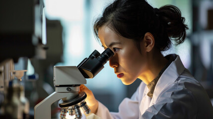 Fototapeta na wymiar Medical Science Laboratory, Portrait of Beautiful asian Scientist Looking Under Microscope Does Analysis of Test Sample.