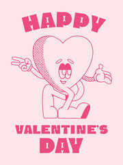 Happy Valentine's Day greeting card. Groovy retro mascot happy hearts. Trendy retro 60s 70s style emoji. Y2K aesthetic. Romantic vector Hippie happy hearts in cartoon style with text isolated