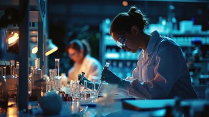 Scientists in chemistry lab medical research laboratory working, Analyzing test, Advanced scientific pharmaceutical lab for medicine biotechnology development