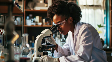 African American young scientists conducting research investigations in a medical laboratory, a researcher in the foreground is using a microscope - obrazy, fototapety, plakaty