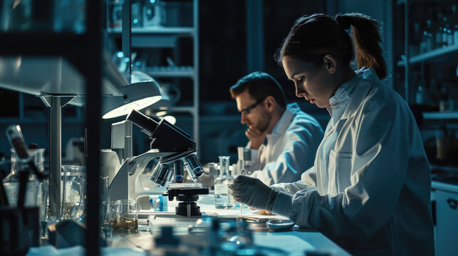 Modern medical research laboratory two scientists working, Analyzing test, Advanced scientific pharmaceutical lab for medicine biotechnology development