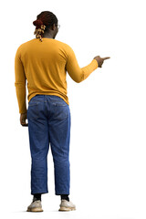 Naklejka premium A man in a yellow sweater points to the side on a White background, back view