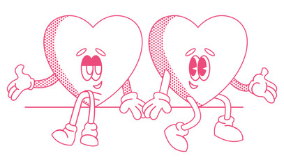 Happy Valentine's Day. Groovy retro mascot happy hearts characters set. Trendy retro 60s 70s style emoji. Y2K aesthetic. Romantic vector Hippie happy hearts in cartoon style isolated on background