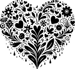 Creative Shape of Heart in Black Silhouette with abstract and floral pattern.