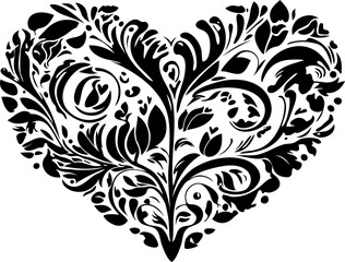 Creative Shape of Heart in Black Silhouette with abstract and floral pattern.