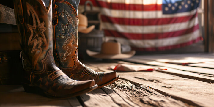 Cowboy boots and hat with flag, western theme, copy space