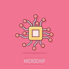 Circuit board icon in comic style. Technology microchip vector cartoon illustration pictogram. Processor motherboard business concept splash effect.
