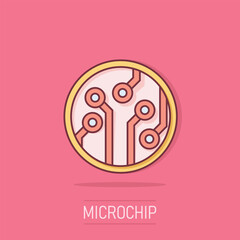 Circuit board icon in comic style. Technology microchip vector cartoon illustration pictogram. Processor motherboard business concept splash effect.