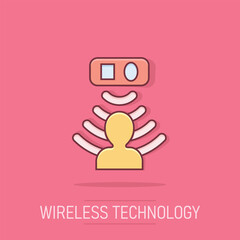 Motion sensor icon in comic style. Sensor waves with man vector cartoon illustration pictogram. People security connection business concept splash effect.