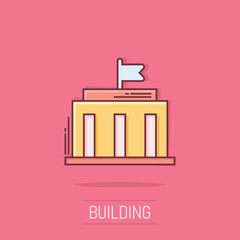 Bank building icon in comic style. Government architecture vector cartoon illustration pictogram. Museum exterior business concept splash effect.