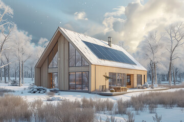 Fototapeta na wymiar Modern eco friendly passive house with solar panels on the gable roof, in winter landscape