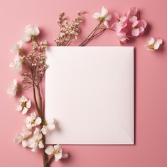 White blank greeting card on pink background with flowers, love letter - Generative AI - obrazy, fototapety, plakaty