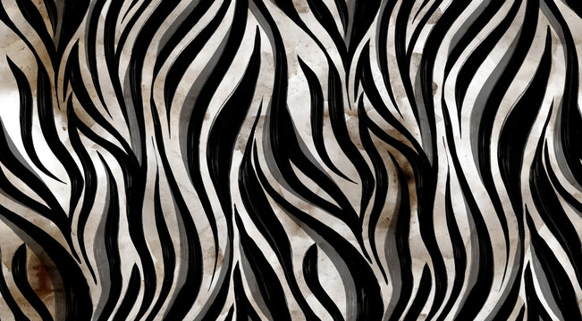 Hand draw zebra pattern in paint brush. Textile print pattern.