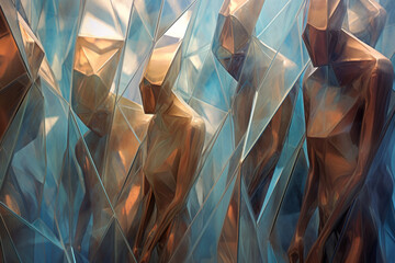 Abstract Human Forms in Golden Crystal Facets - obrazy, fototapety, plakaty