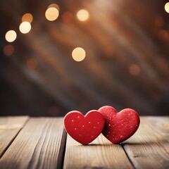Valentines day background with two red hearts on wooden background - Generative AI
