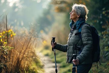 Elderly woman walking on a nature path with hiking poles - obrazy, fototapety, plakaty
