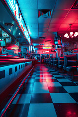 Classic diner with neon lights, American flag, night, copy space