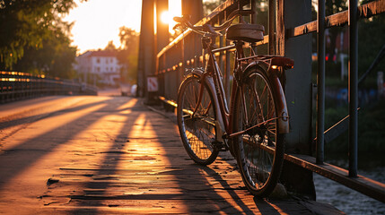 Bicycle on the bridge at sunset, vintage bicycle on the bridge
