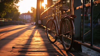 Foto op Canvas Bicycle on the bridge at sunset, vintage bicycle on the bridge © Argun Stock Photos
