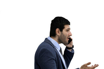 Close-up of a man in an office suit on a White background talking on the phone, in profile