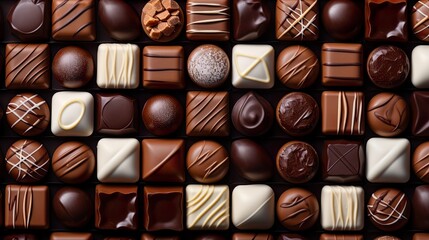 top view of variety chocolate pralines full Many different delicious chocolate background - obrazy, fototapety, plakaty
