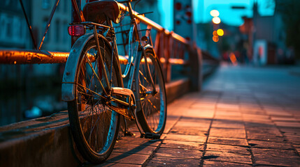 Bicycles on the bridge in the evening. Selective focus.