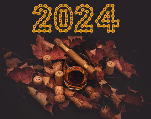Quality cigars with cognac, cork plugs, red silk leaves and 2024 Happy New Year made from golden...