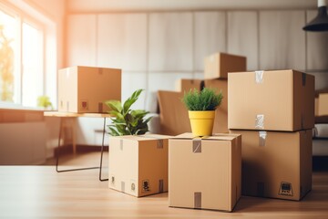 a group of boxes with a plant on top - obrazy, fototapety, plakaty