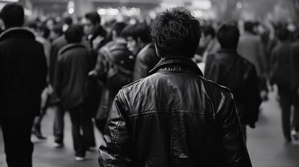 Silhouette of a man in a black leather jacket walking in the crowd